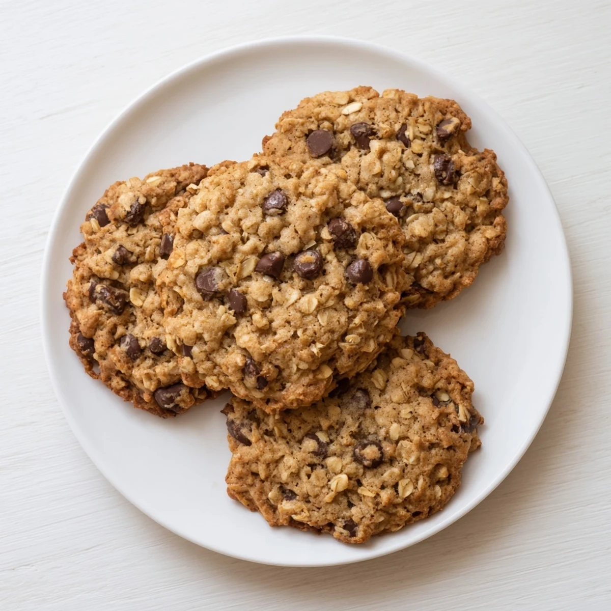 Stack of warm oatmeal chocolate chip cookies showcasing oats and chocolate chunks on a wooden board