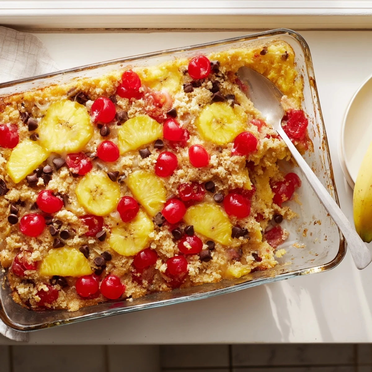 Golden banana split dump cake bubbling with fruit and melted chocolate in a baking dish