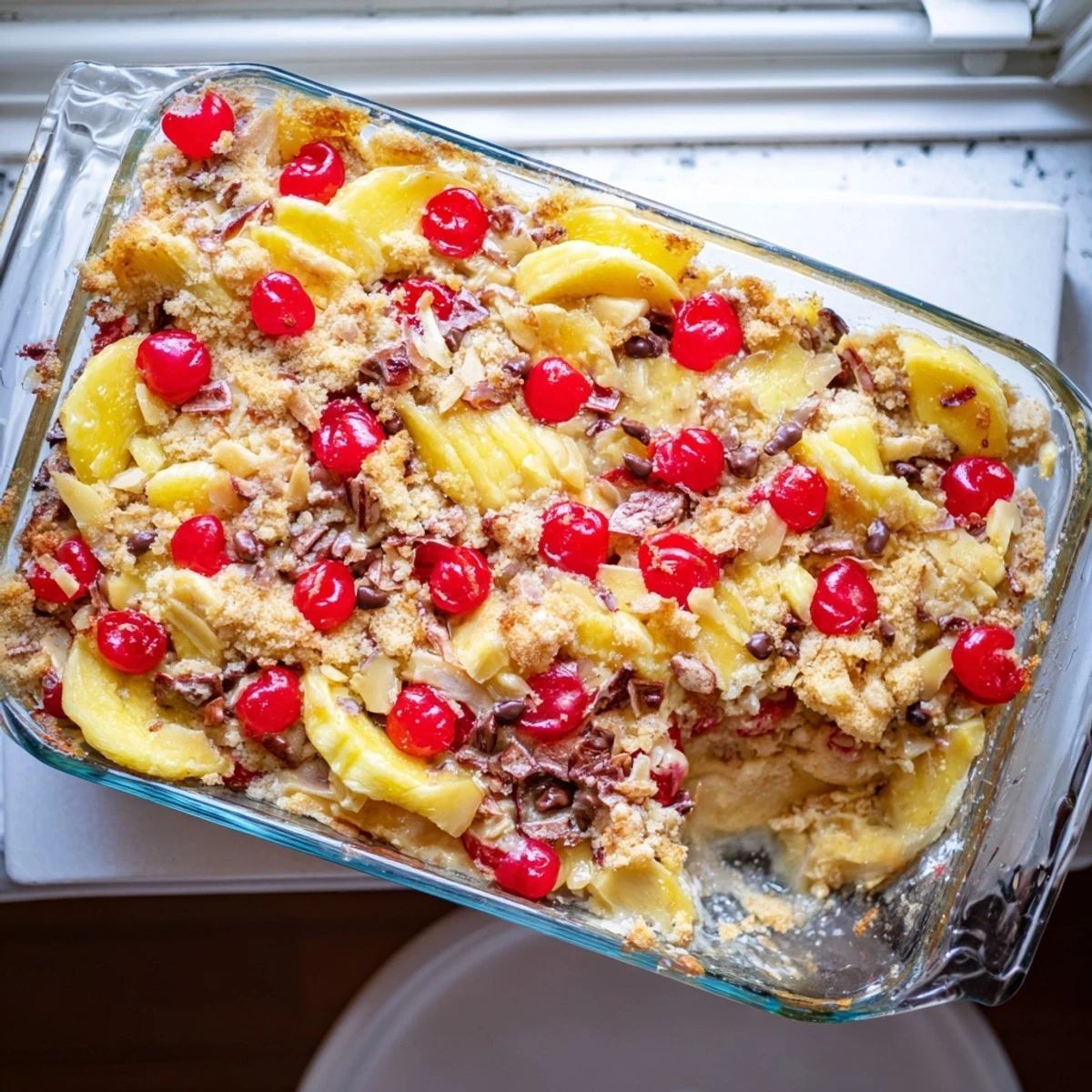 Sliced bananas and cherries layered beneath buttery yellow cake mix in this easy dump cake