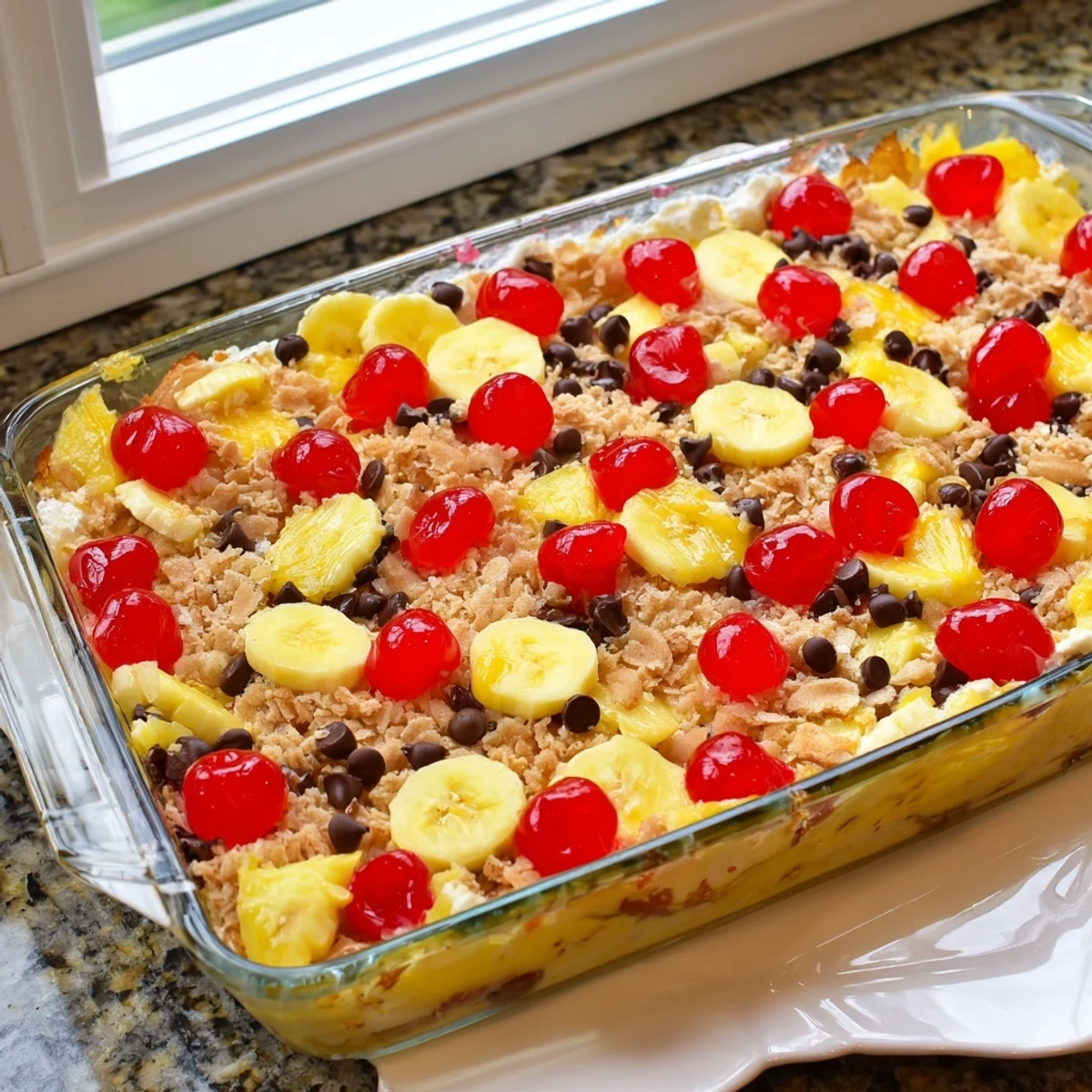 Warm banana split dump cake topped with whipped cream and extra maraschino cherries