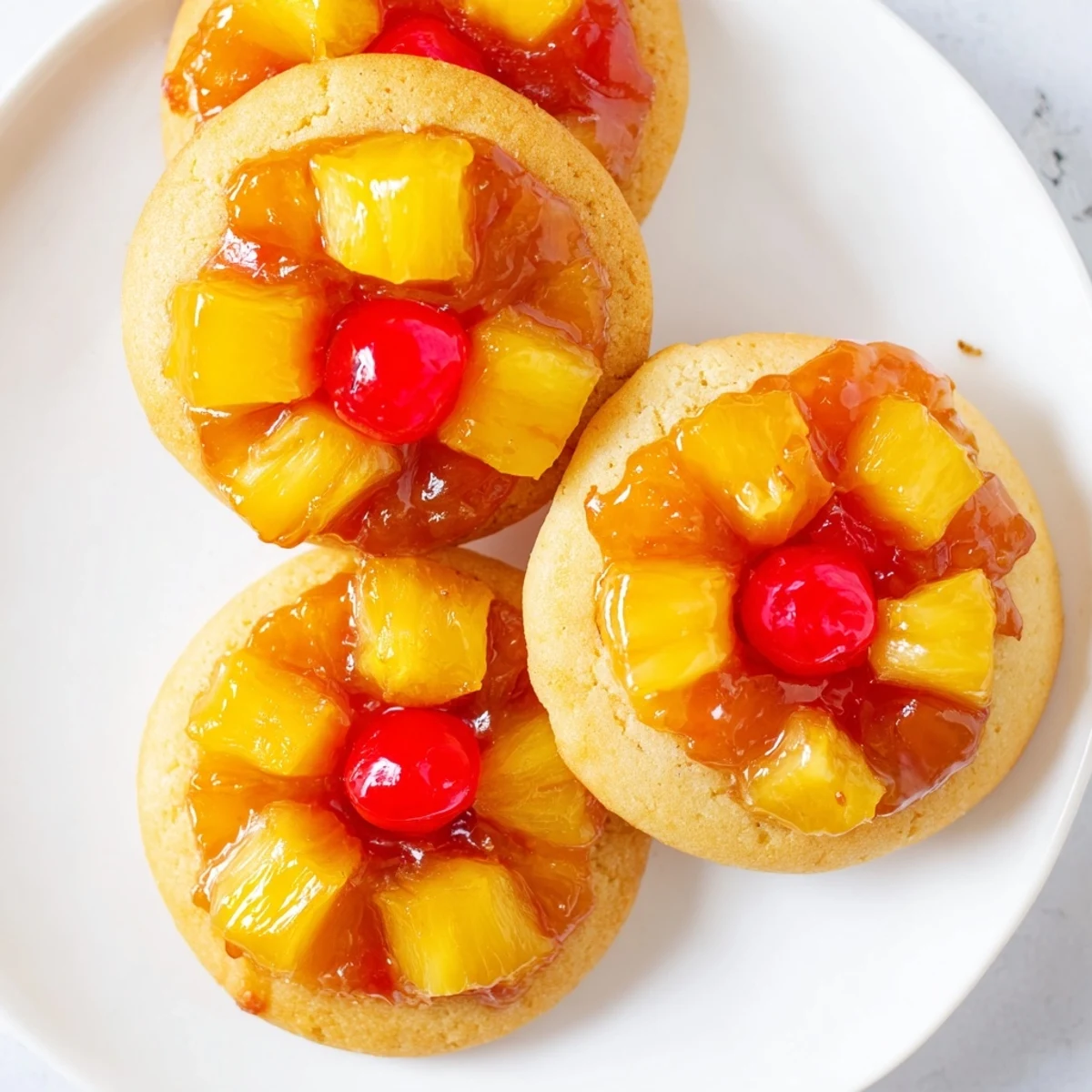 Golden pineapple upside down sugar cookies with caramelized fruit and bright red cherries on top