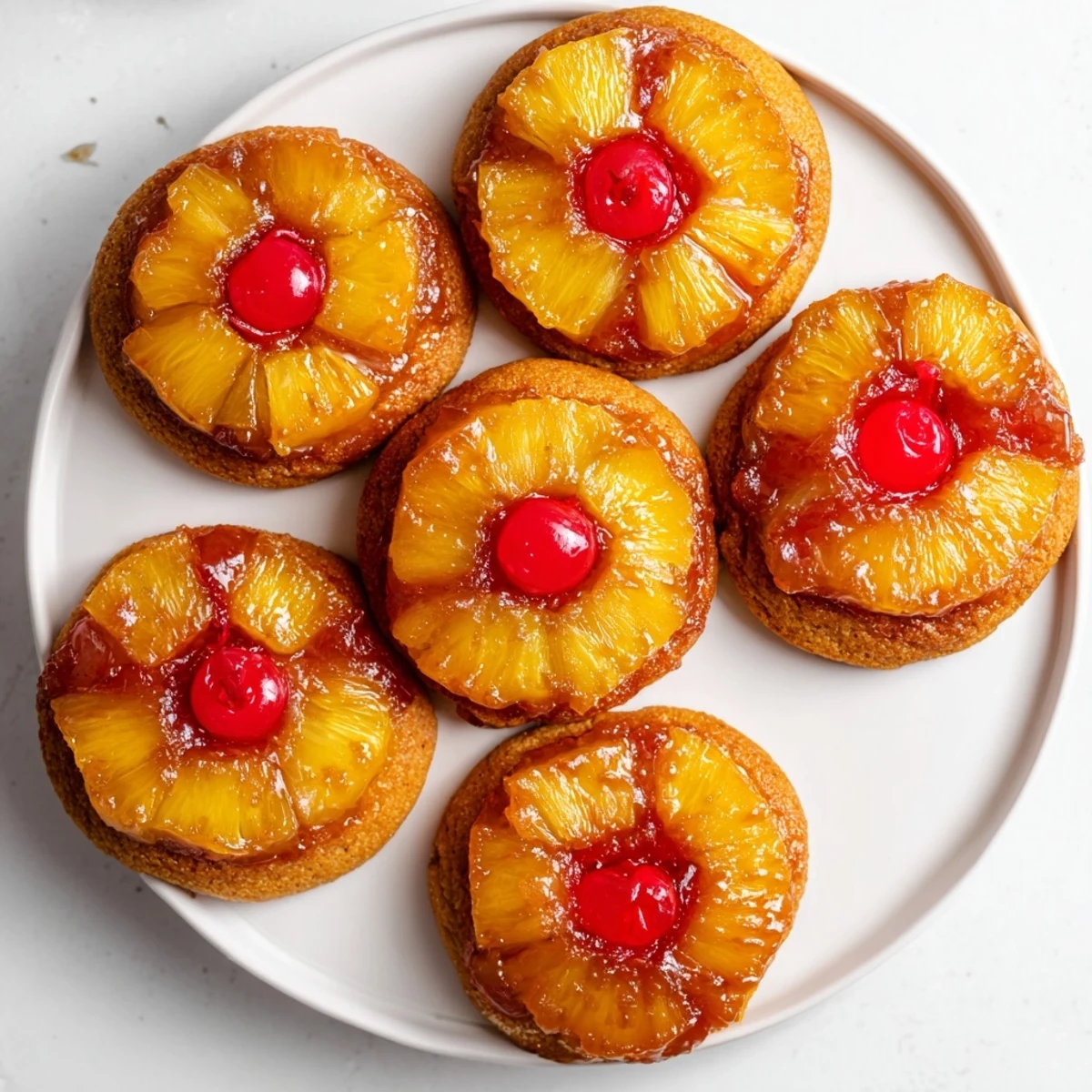 Freshly baked pineapple upside down sugar cookies arranged on a wire rack with glossy cherry centers