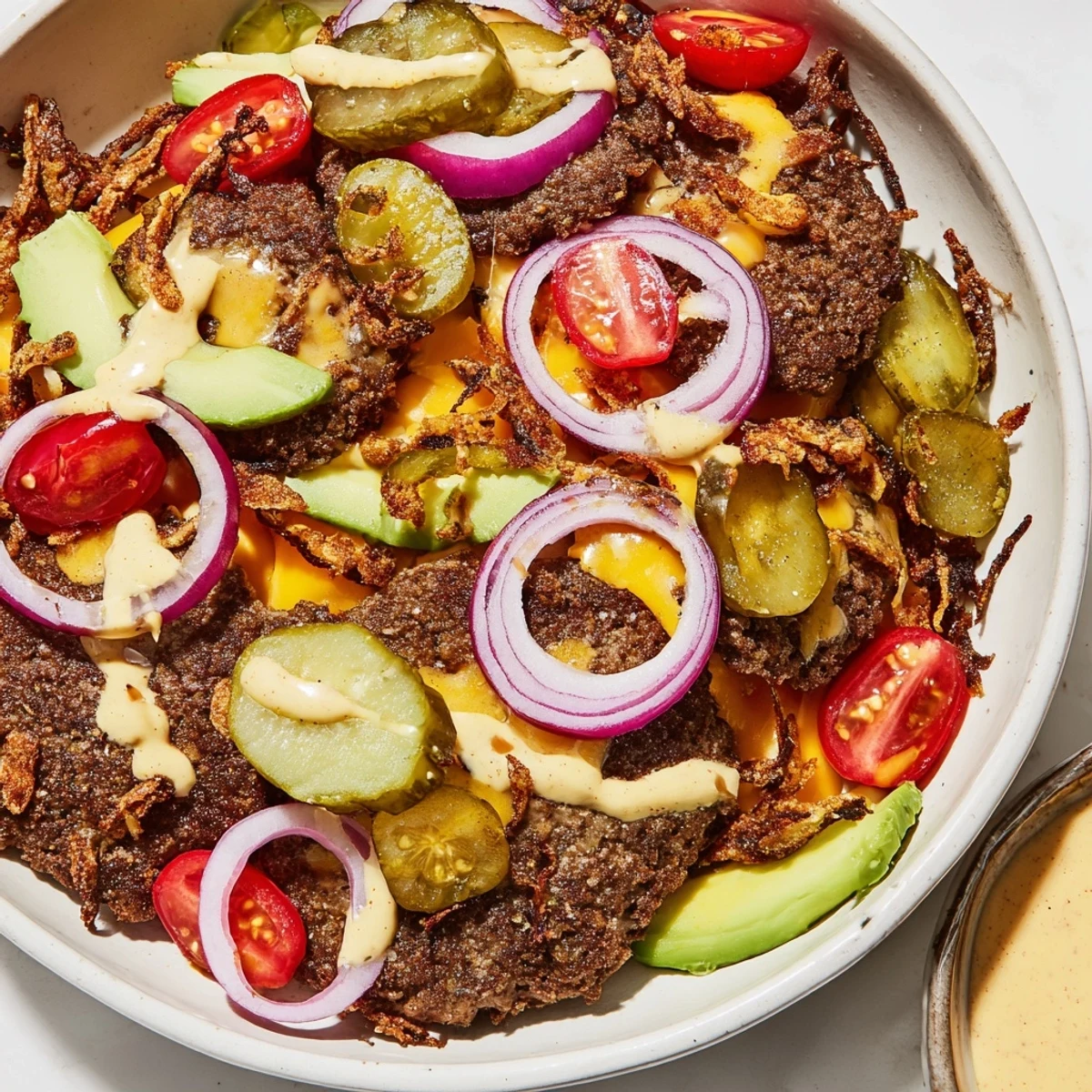 Golden crispy smash burger patties nestled over fresh greens with cherry tomatoes and sliced dill pickles in a Smash Burger Bowl