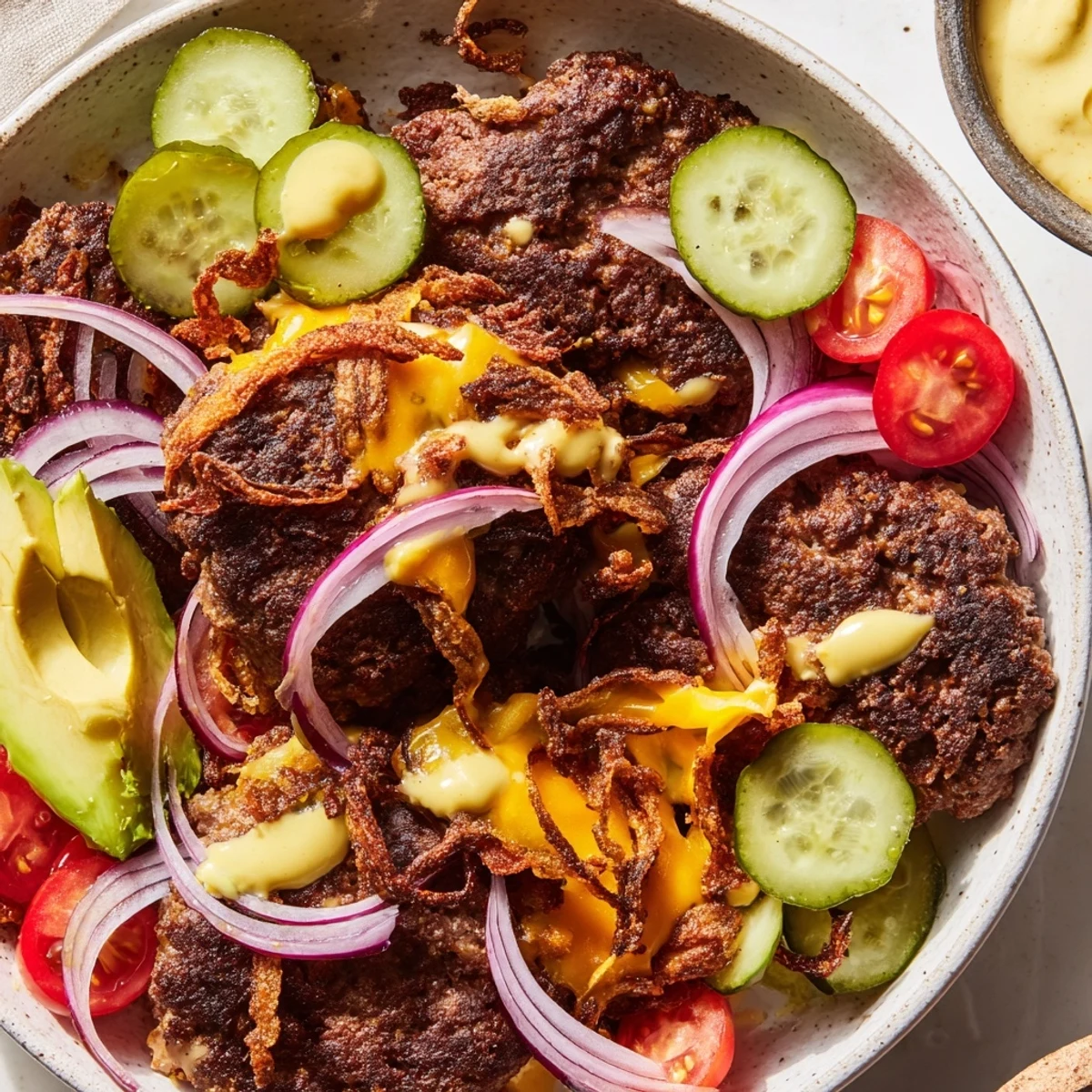 Low-carb Smash Burger Bowl features juicy beef patties, creamy sauce, avocado slices, and cheddar cheese on a bed of crisp salad greens