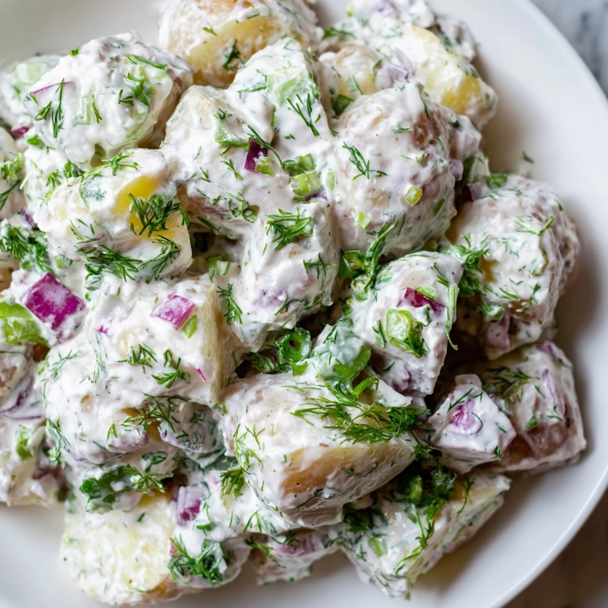 Golden potato pieces coated in thick Greek yogurt dressing with bright green dill, parsley, and crunchy red onion throughout