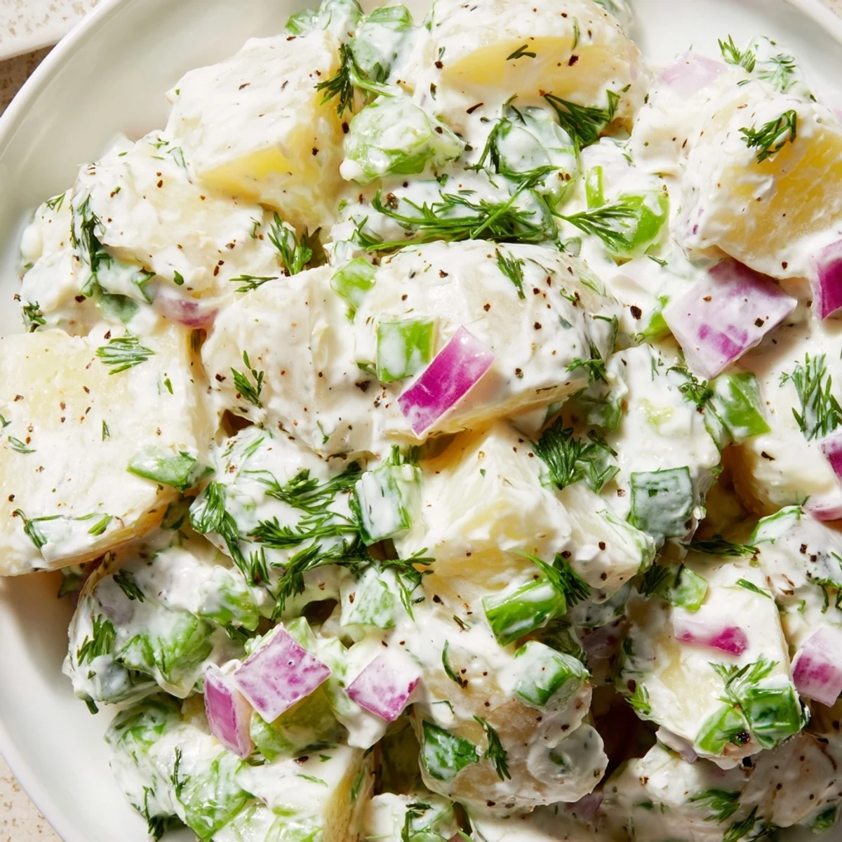 Lighter Greek yogurt potato salad served in a white bowl, garnished with fresh chopped herbs and colorful vegetables for summer picnics