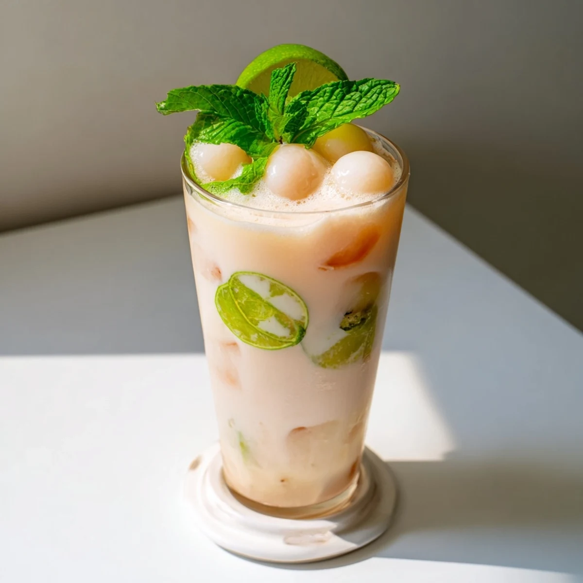 Tall glass of coconut lychee iced drink garnished with fresh mint leaves and lime slices on ice