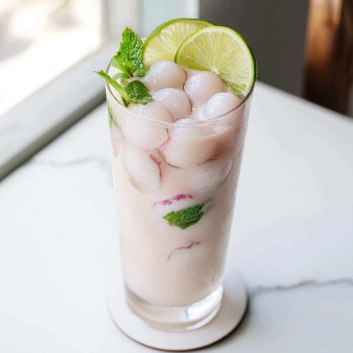 Refreshing coconut lychee iced drink with frothy white coconut milk swirled over crushed ice and lime wheel