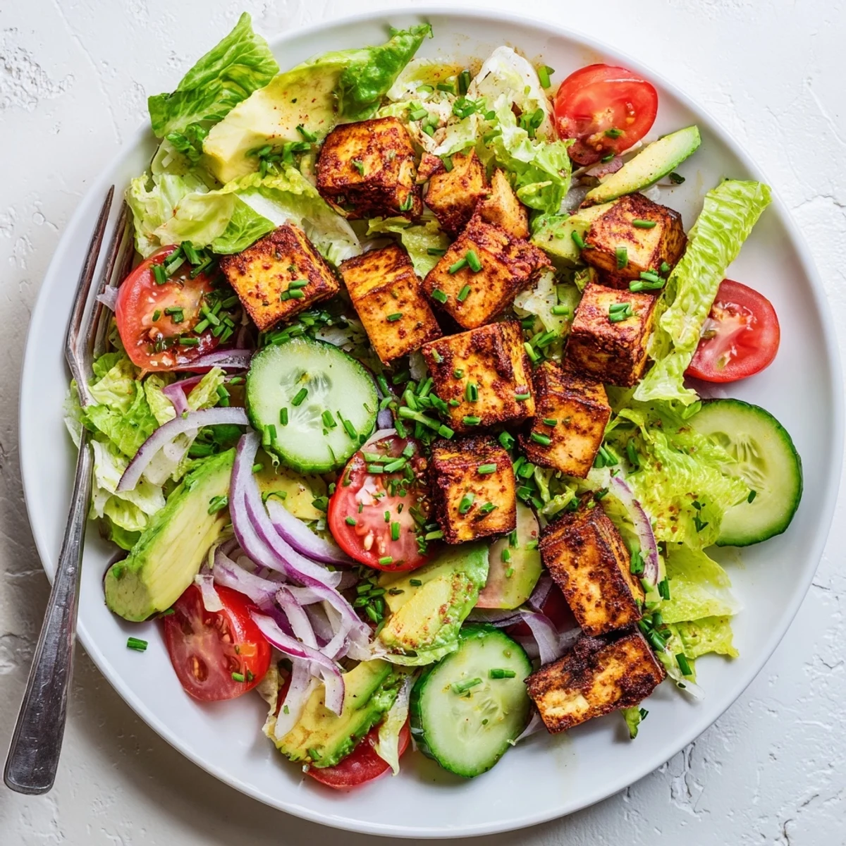 Colorful plate of summer smoky tofu lettuce tomato with crisp romaine and bright red tomato wedges