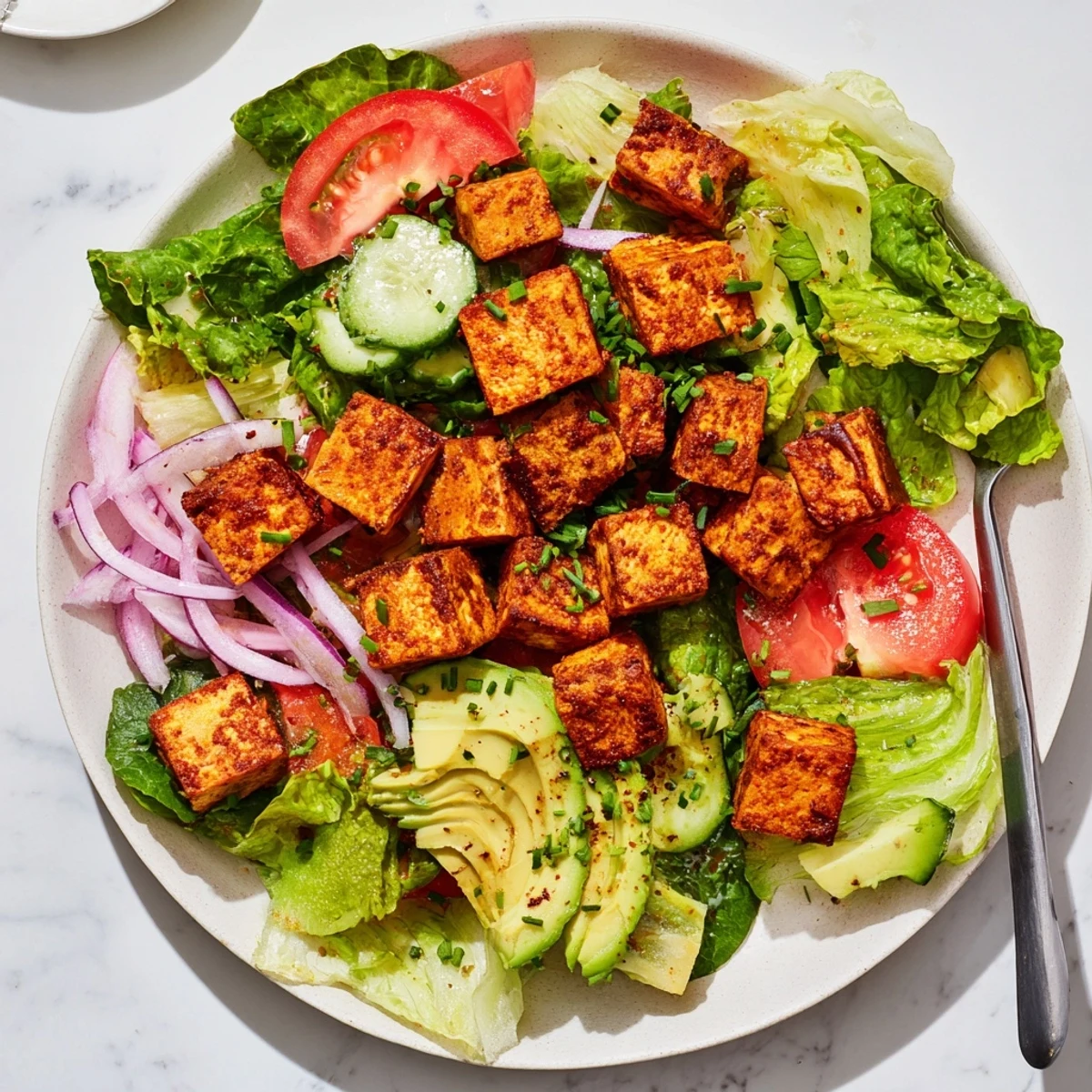 Vegan summer smoky tofu lettuce tomato salad featuring warm spiced tofu over fresh vibrant garden vegetables