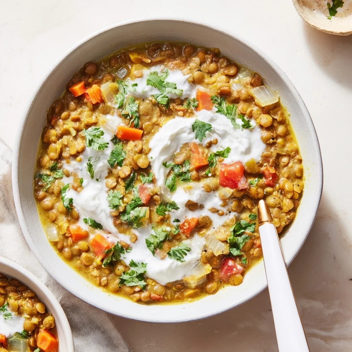 Creamy Greek yogurt lentil curry served over fluffy white rice with fresh cilantro garnish