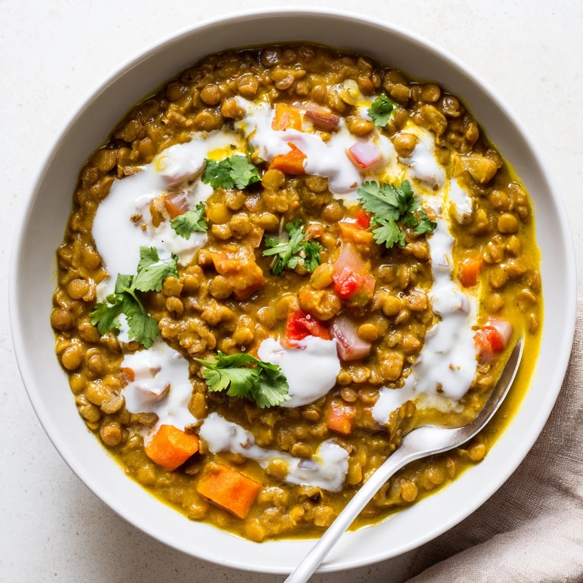 Golden bowl of protein-rich Greek yogurt lentil curry alongside warm naan bread for dipping