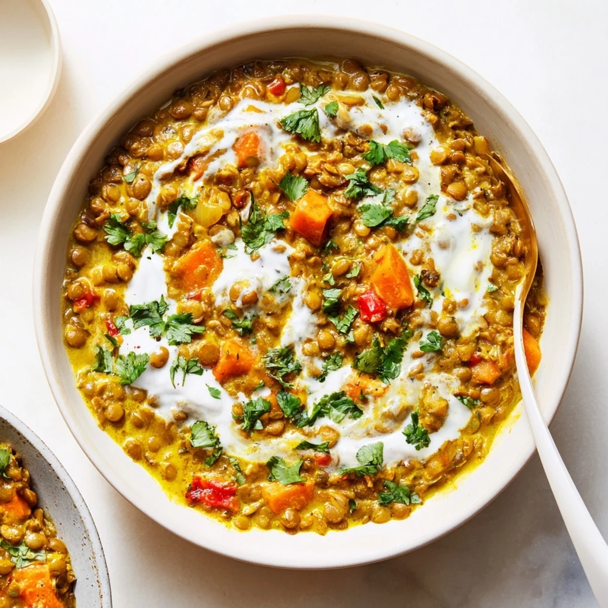 Tangy Greek yogurt lentil curry in a white bowl topped with vibrant green cilantro