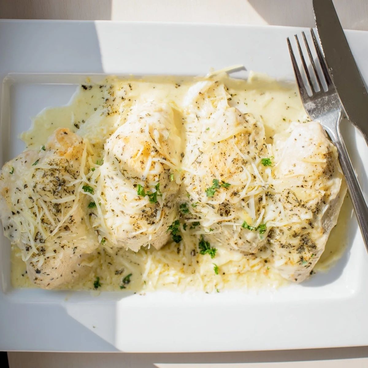 Tender chicken breasts smothered in rich Caesar dressing and parmesan cheese fresh from oven