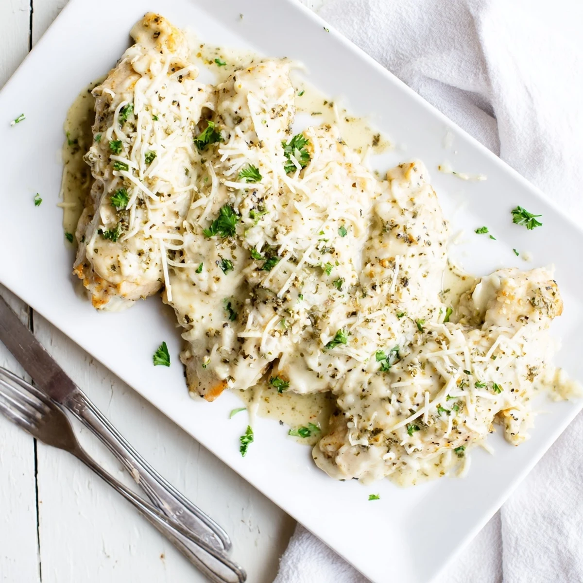 Golden bubbly parmesan chicken baked in creamy Caesar sauce with melted mozzarella topping