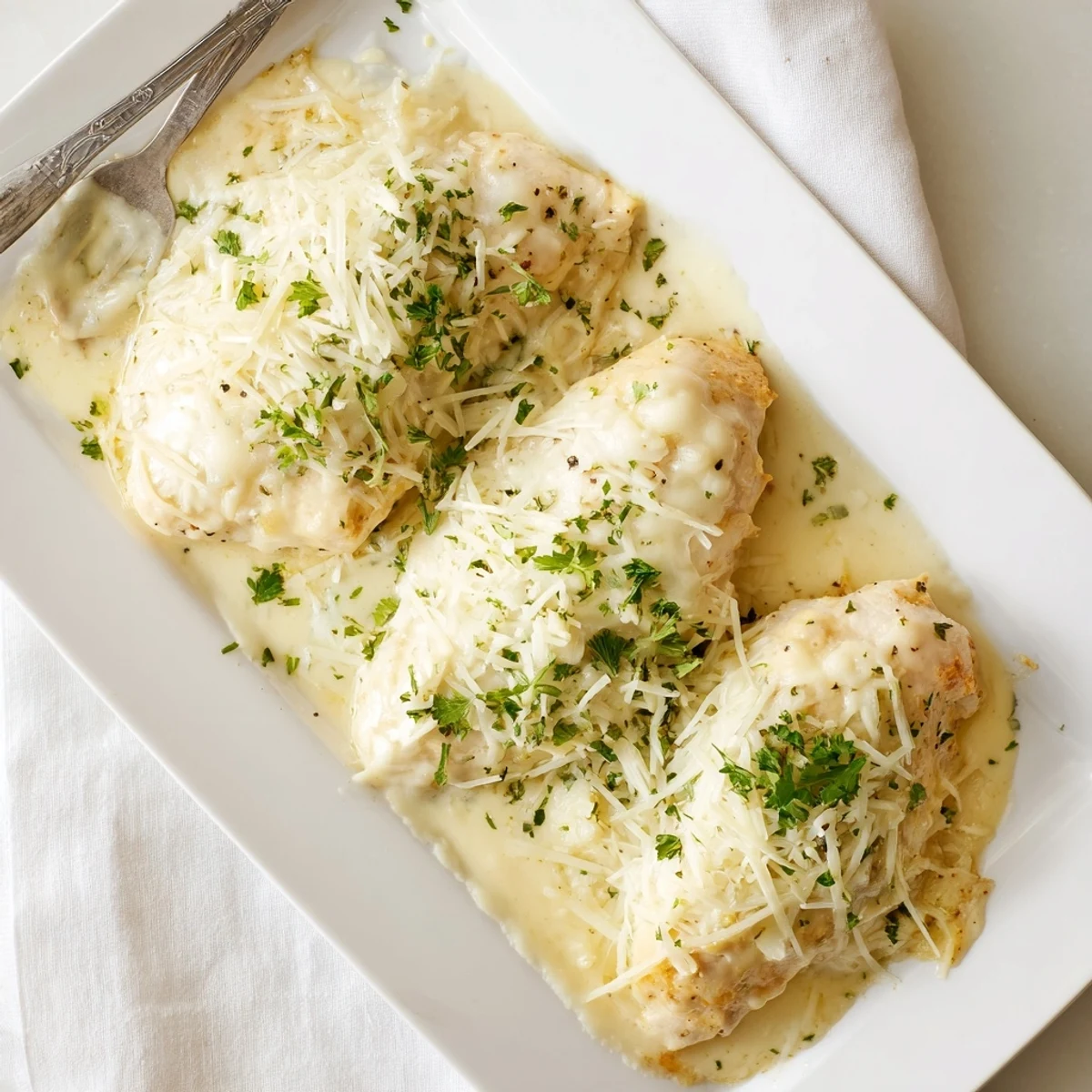 Creamy parmesan baked Caesar chicken served garnished with parsley and gooey cheese layer
