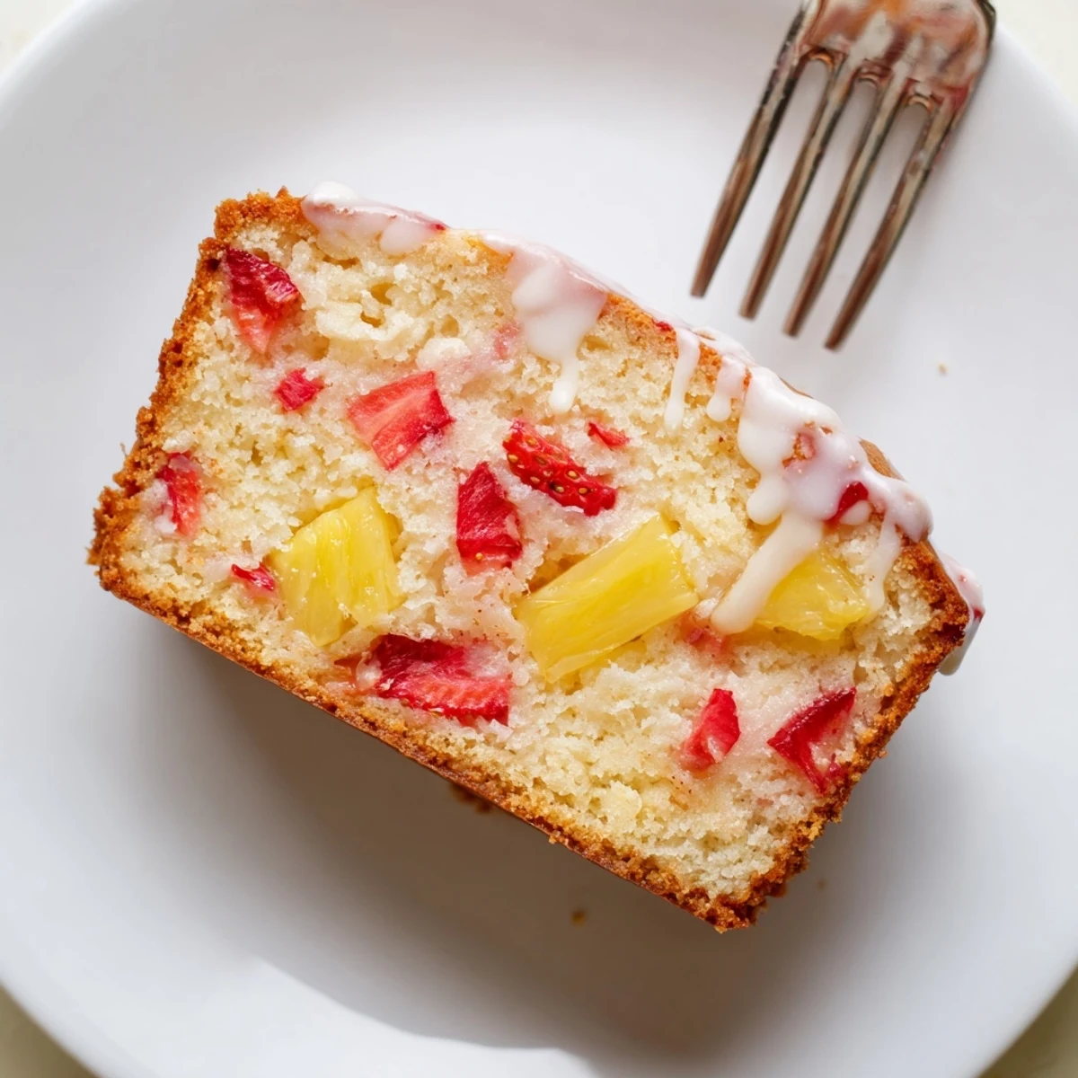 Moist strawberry pineapple pound cake loaf studded with juicy red fruit pieces and pineapple