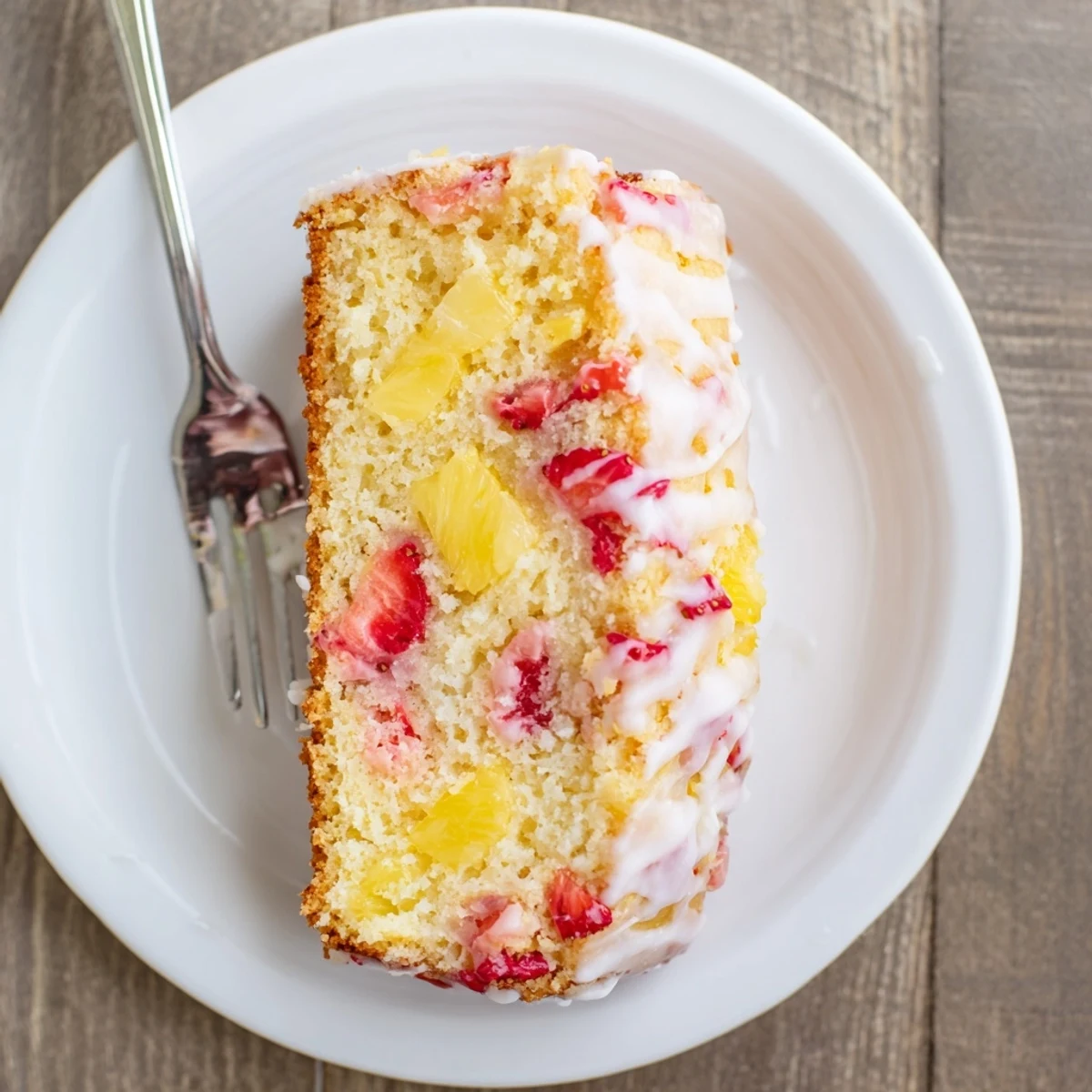 Delicious homemade strawberry pineapple pound cake served on white plate with powdered sugar drizzle