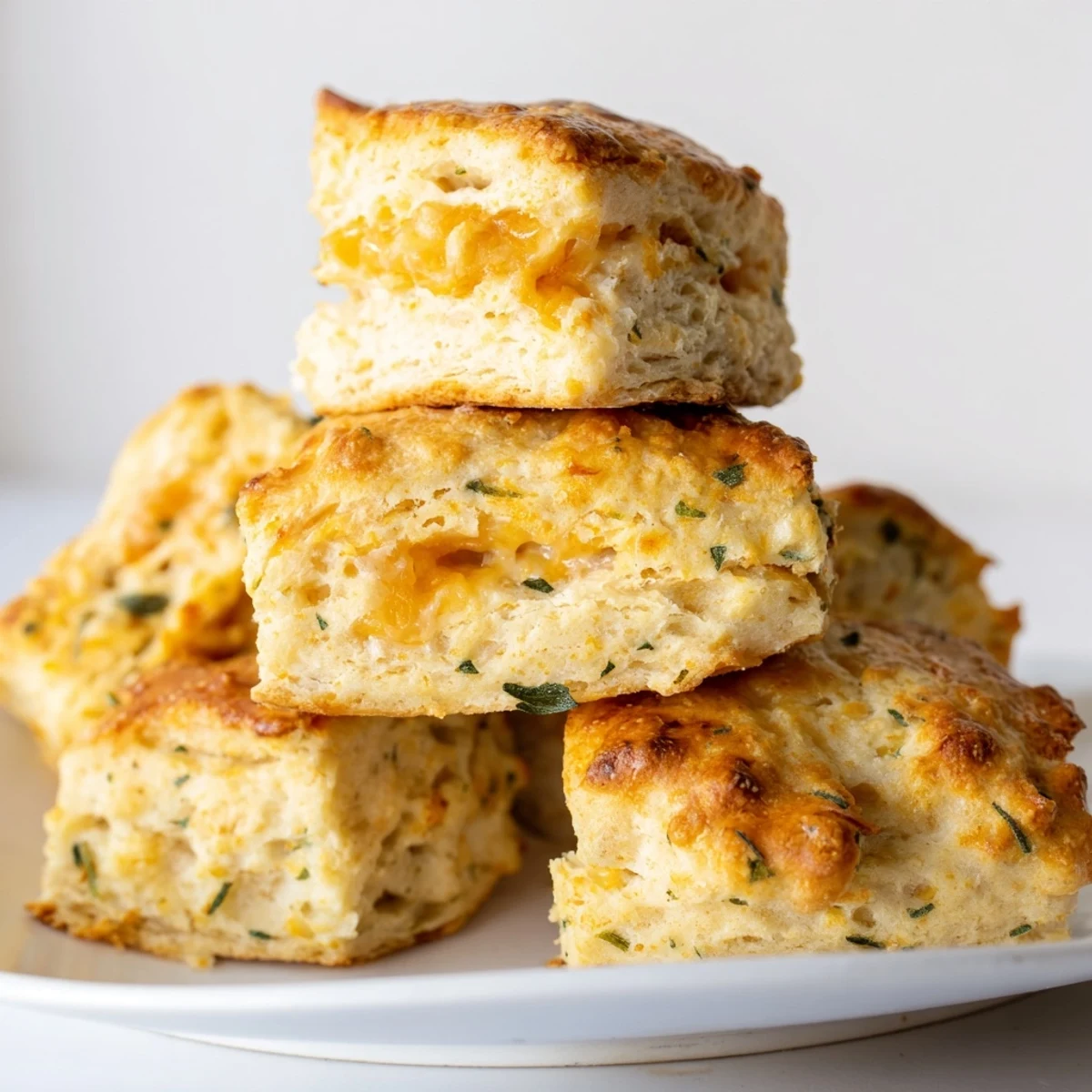 Golden brown sage and Gruyere biscuits stacked on a rustic wooden board, steam rising from warm flaky layers