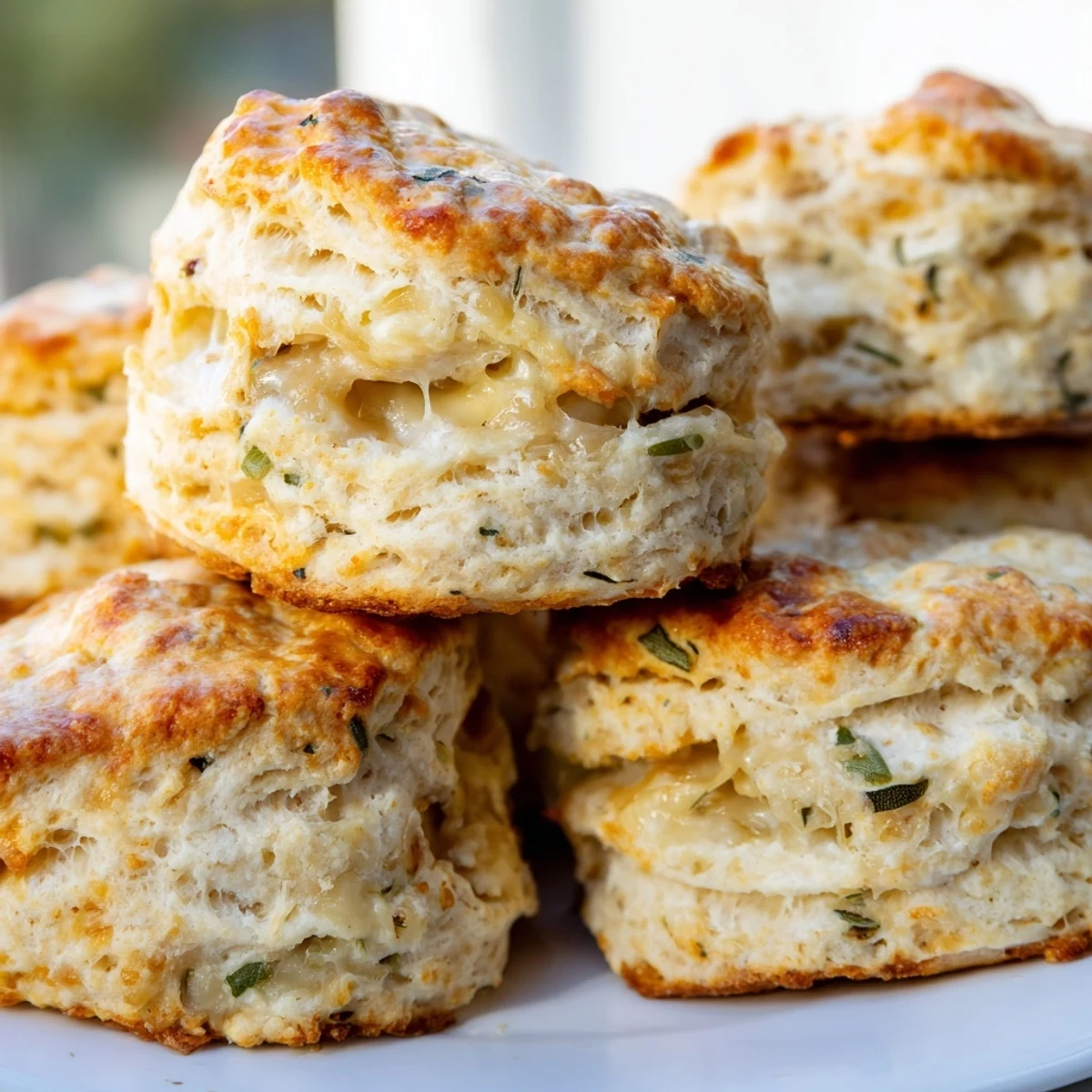Freshly baked cheesy biscuits with scattered sage leaves on a white plate, melted Gruyere visible in buttery layers