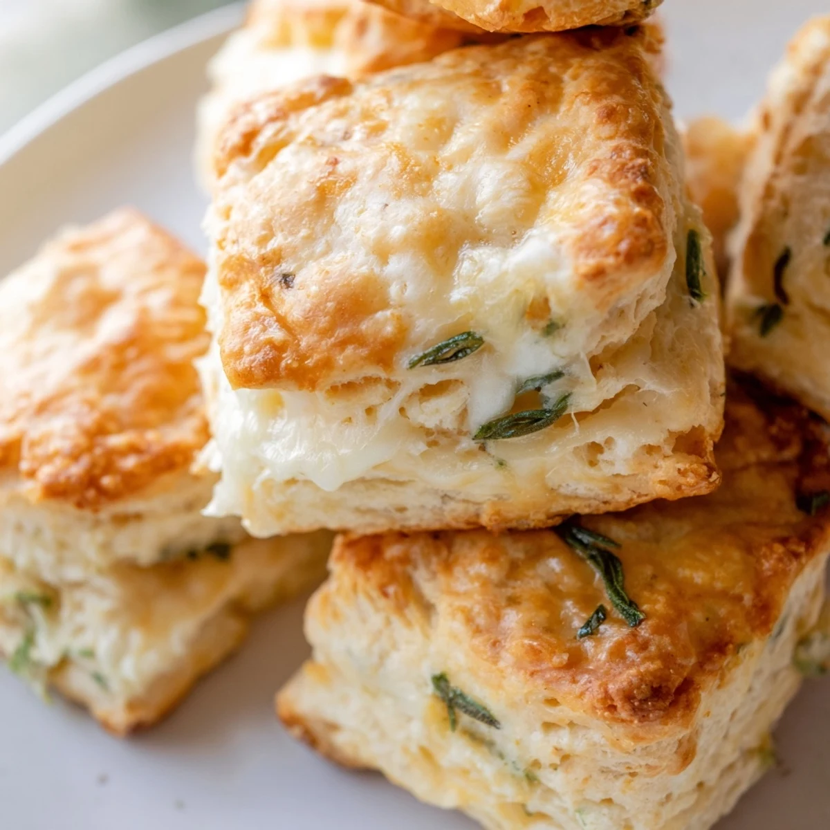 Stack of warm biscuits topped with chopped fresh sage, showcasing golden crust and pockets of nutty melted cheese