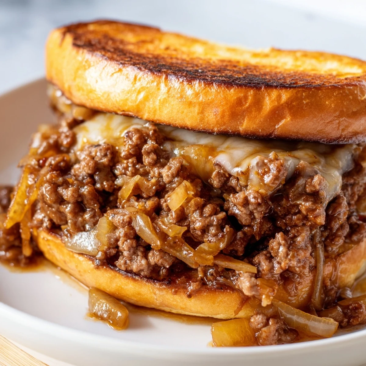 Golden brown caramelized onions and ground beef piled onto toasted brioche buns with melted provolone cheese
