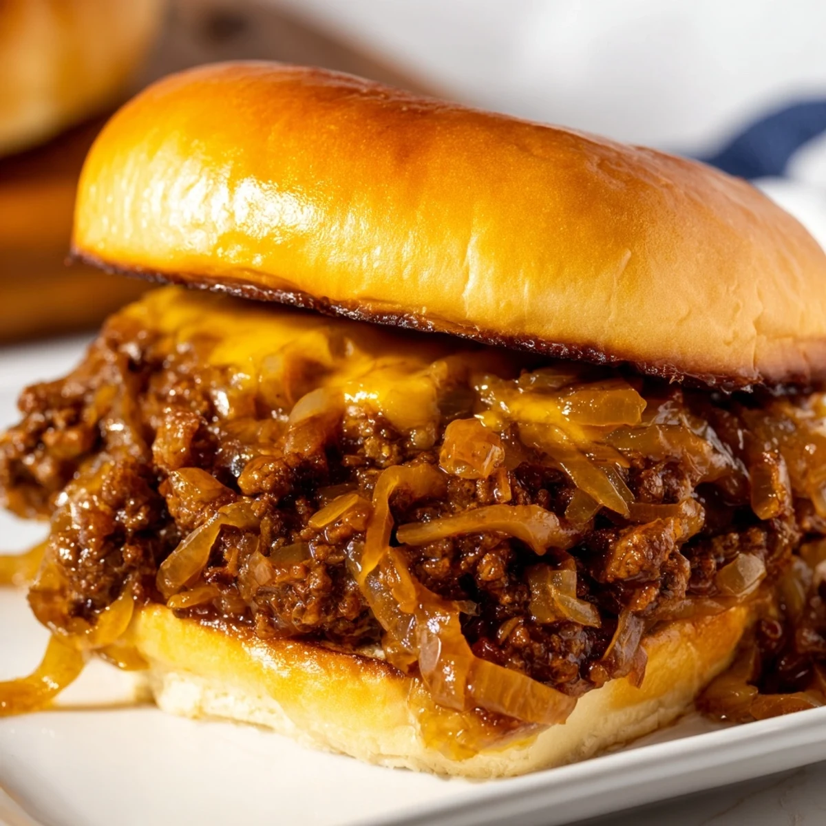 French Onion Beef Sloppy Joes sandwich with rich savory beef and melted cheese on a toasted bun