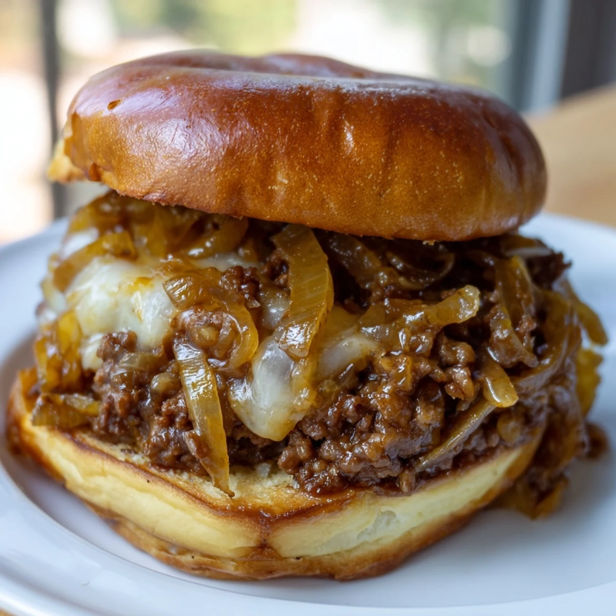Heaping spoonful of beef and caramelized onion mixture topped with bubbly melted cheese on a golden brioche bun
