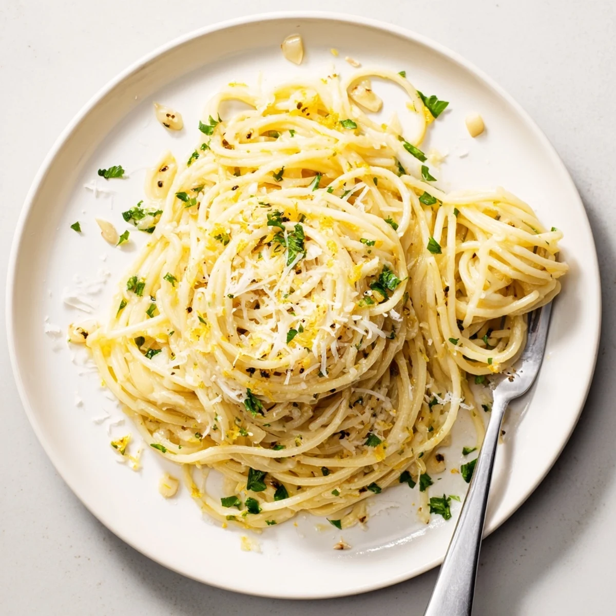 Steaming plate of garlic butter pasta tossed in melted butter and olive oil with lemon