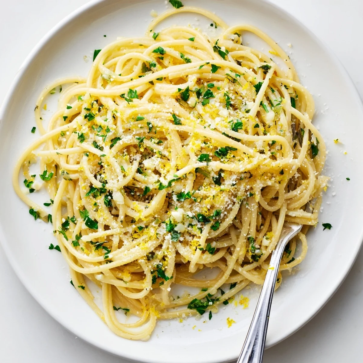 Close-up of garlic butter pasta strands glistening with aromatic sauce and red pepper flakes