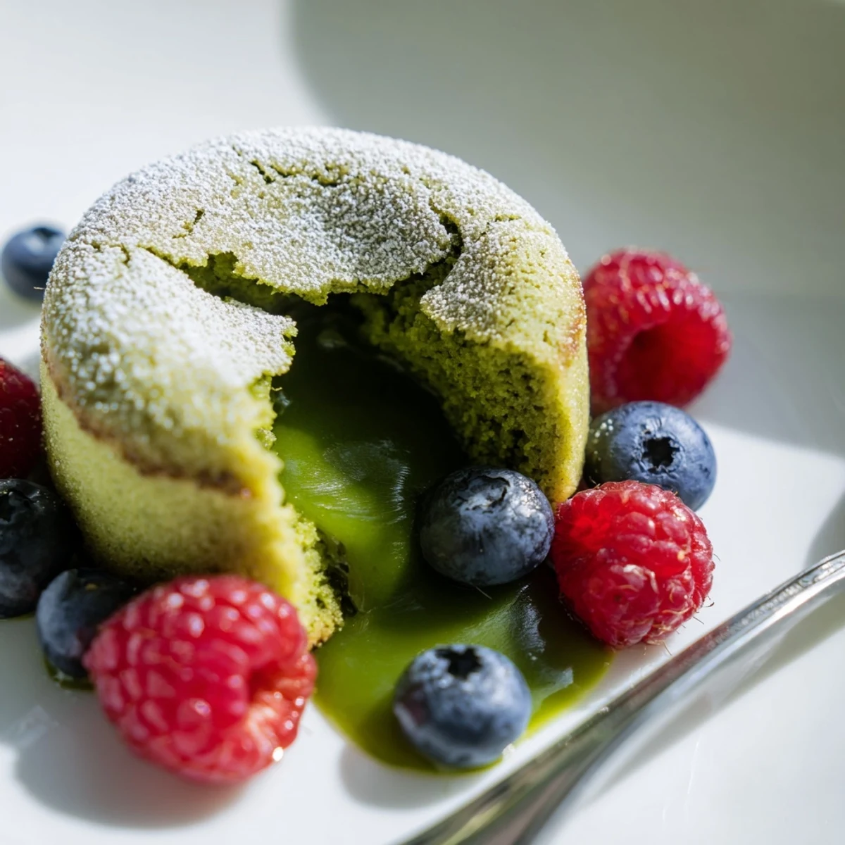 Warm matcha lava cake with molten green center flowing onto a white plate