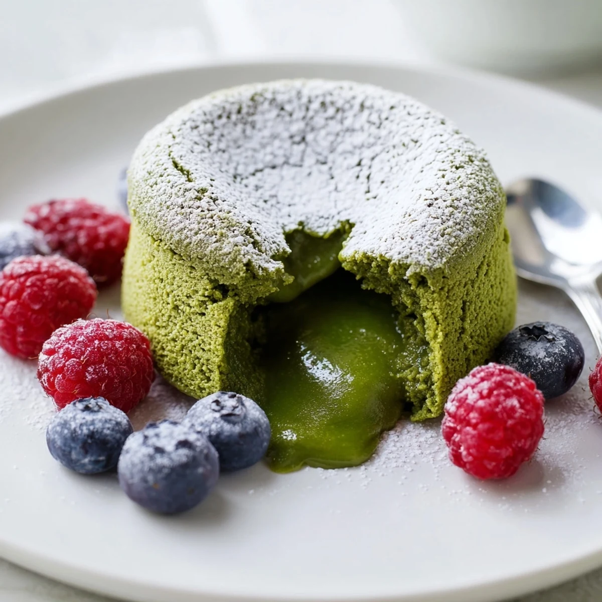 Golden matcha lava cake broken open to reveal vibrant molten green tea center