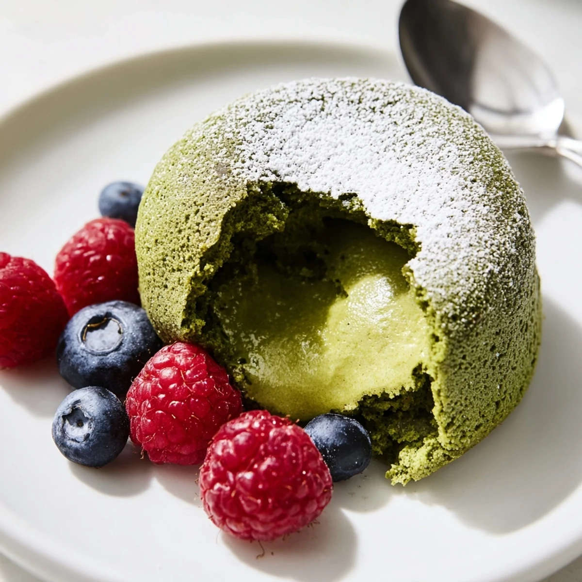 Individual matcha lava cake dusted with powdered sugar alongside fresh red berries