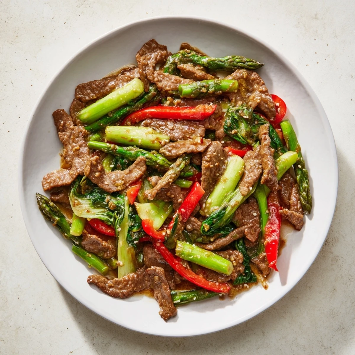 Soy beef bok choy and asparagus stir fry featuring tender beef strips and crisp vegetables in glossy brown sauce