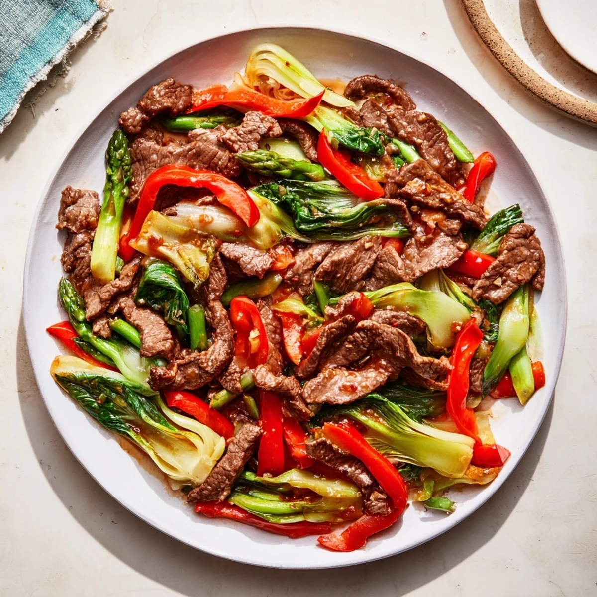 Asian-inspired soy beef bok choy and asparagus stir fry served over steamed white rice in a bowl