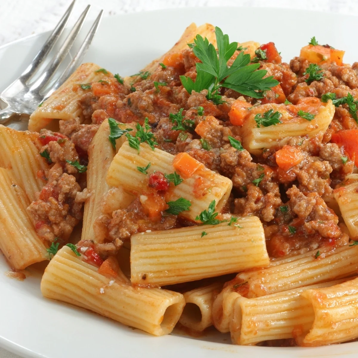 Hearty Turkey Bolognese sauce tossed with al dente pasta and freshly grated Parmesan cheese
