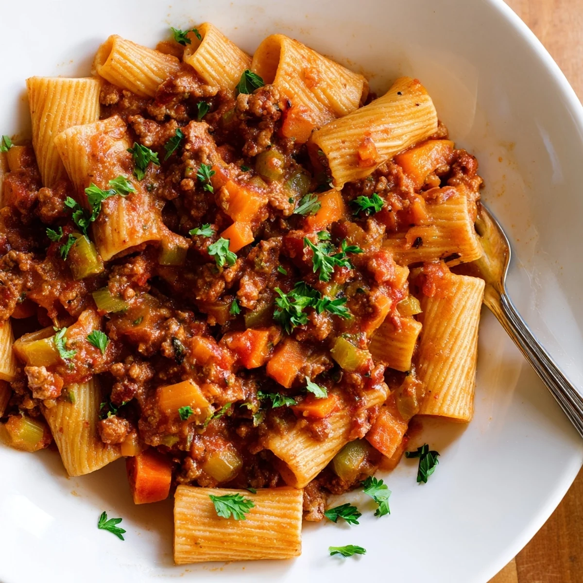 Creamy Turkey Bolognese meat sauce garnished with basil leaves and served over steaming pasta bowl