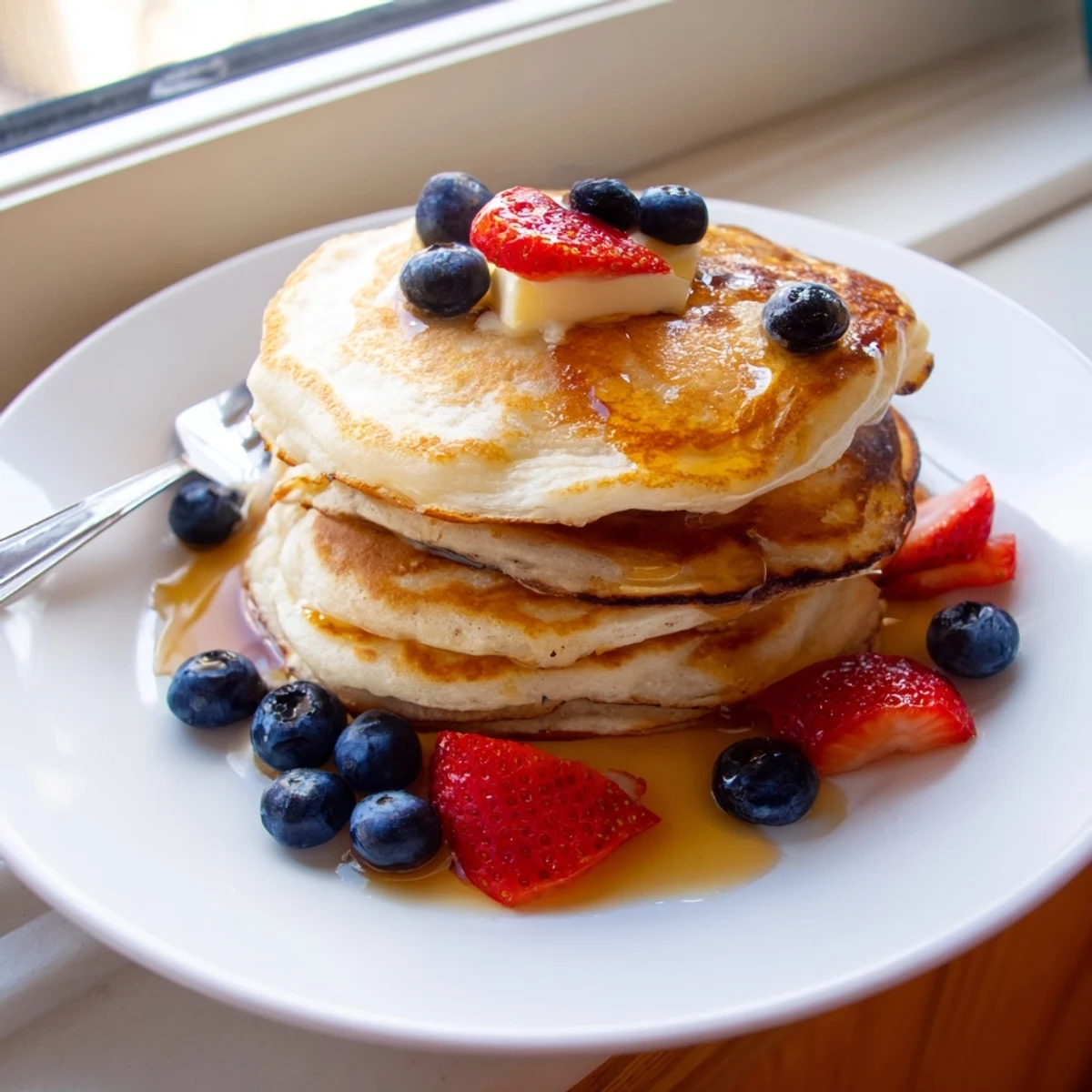 Golden fluffy pancakes stacked high with melted butter and maple syrup dripping down the sides
