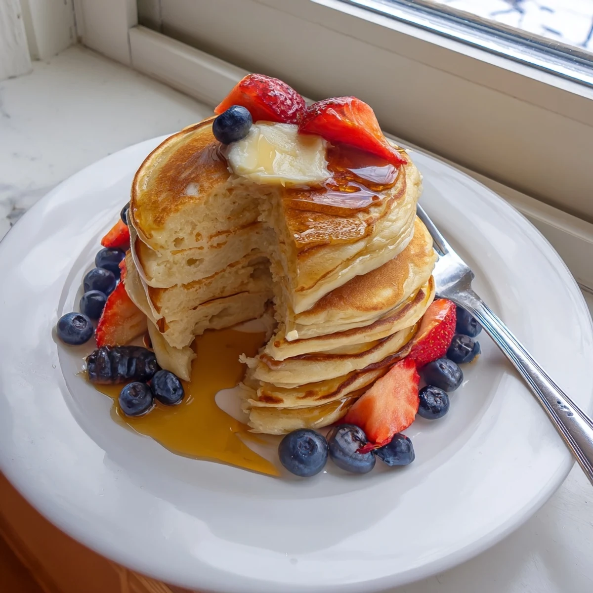 Fluffy pancakes cooking on a griddle with bubbles forming on the surface before flipping