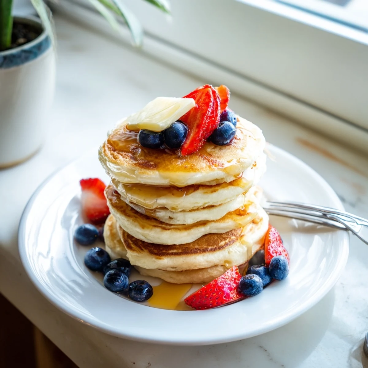 Plate of warm fluffy pancakes topped with fresh blueberries and dusted with powdered sugar