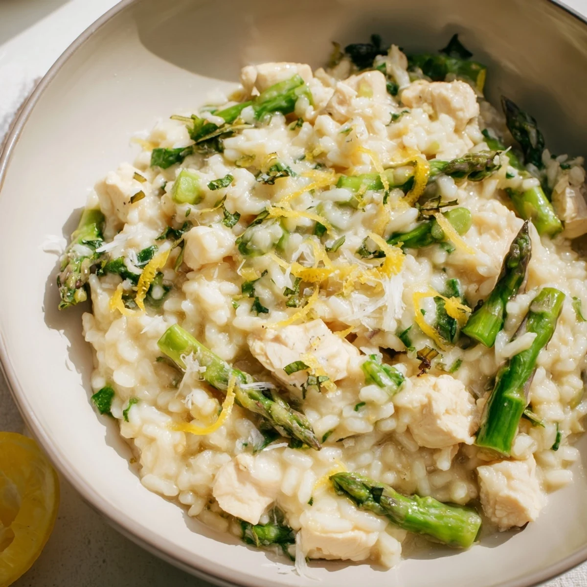 Creamy chicken and asparagus risotto topped with grated Parmesan and fresh parsley in a white bowl
