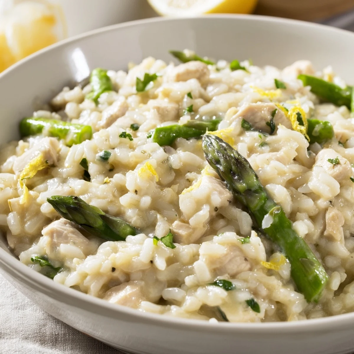 Golden chicken pieces and tender asparagus spears folded into rich Italian Arborio rice with lemon zest