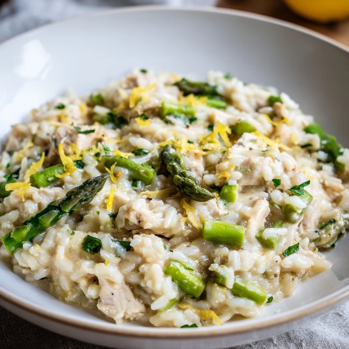 Steaming plate of chicken and asparagus risotto garnished with extra Parmesan cheese and chopped herbs