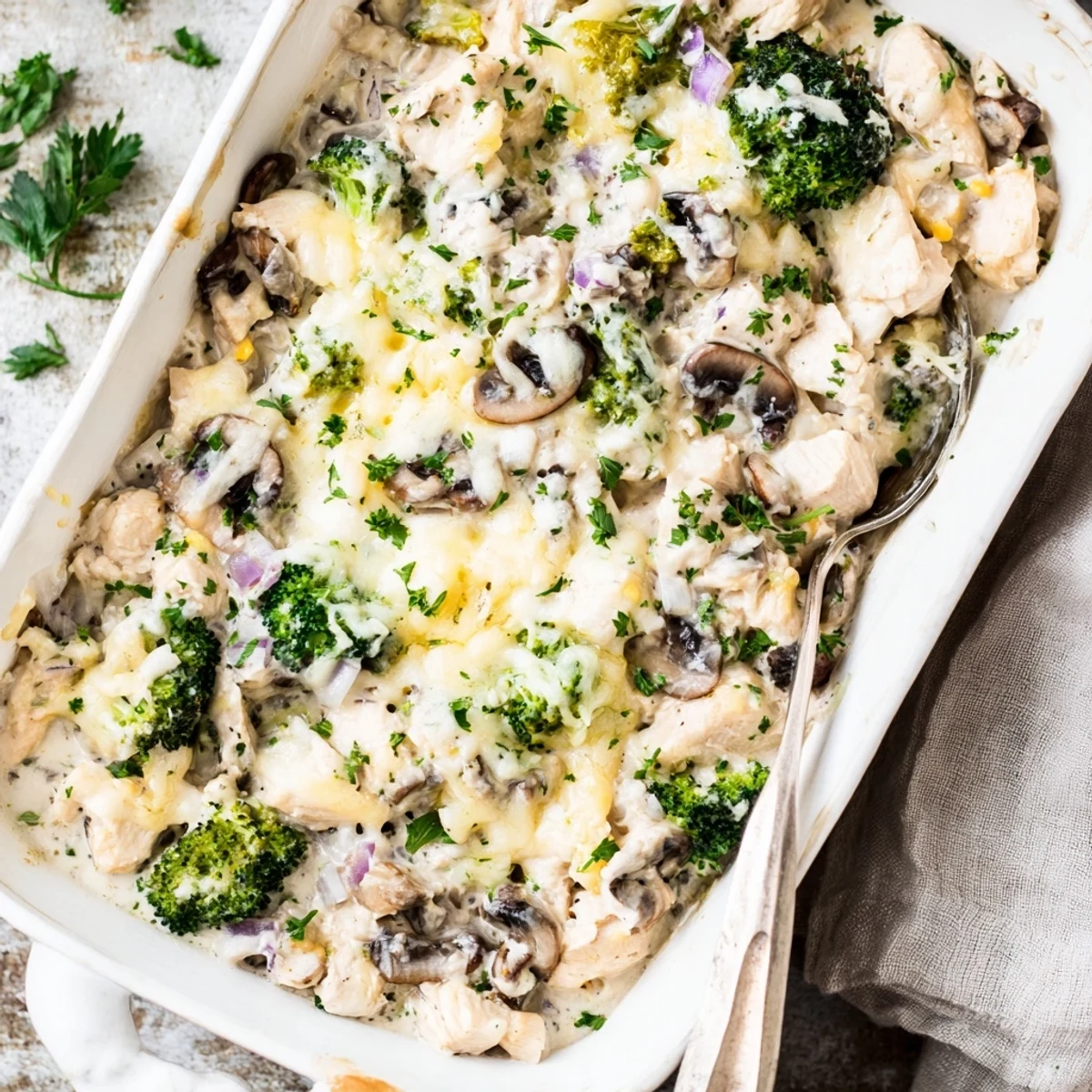 Golden brown low carb chicken casserole bubbling with melted mozzarella and fresh parsley garnish