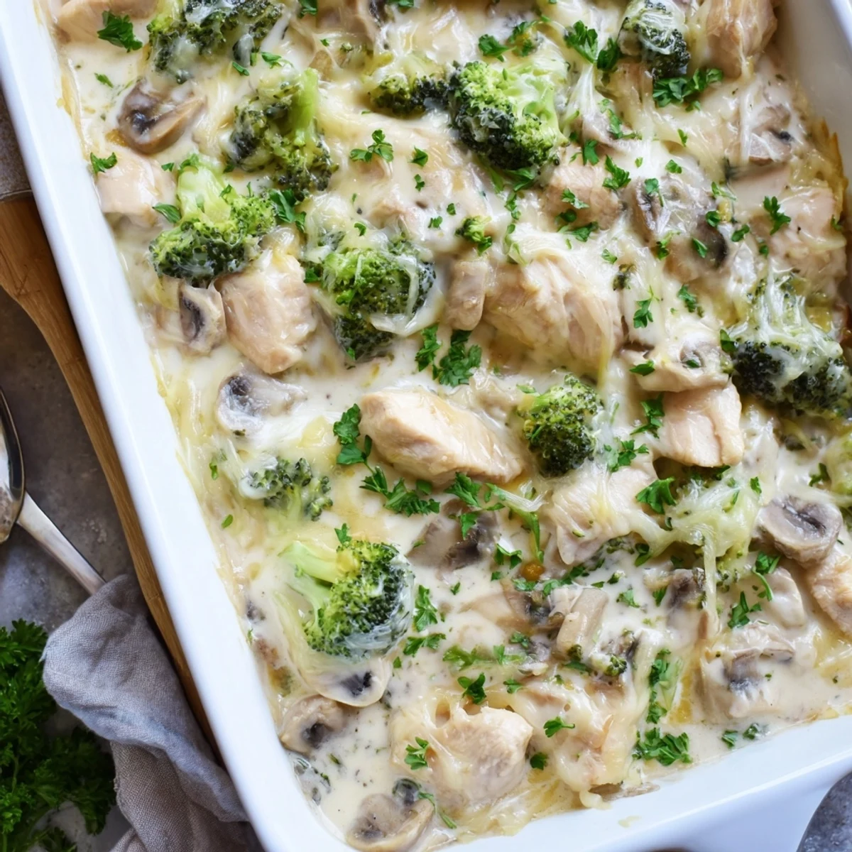 Bubbling low carb chicken casserole fresh from the oven with golden melted cheese topping