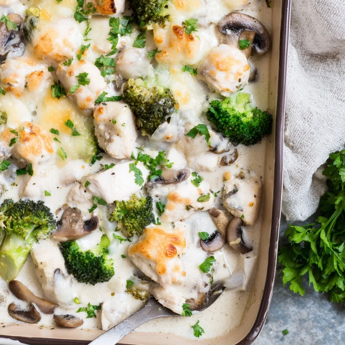 Creamy baked chicken and broccoli casserole with tender vegetables in a rich cheese sauce