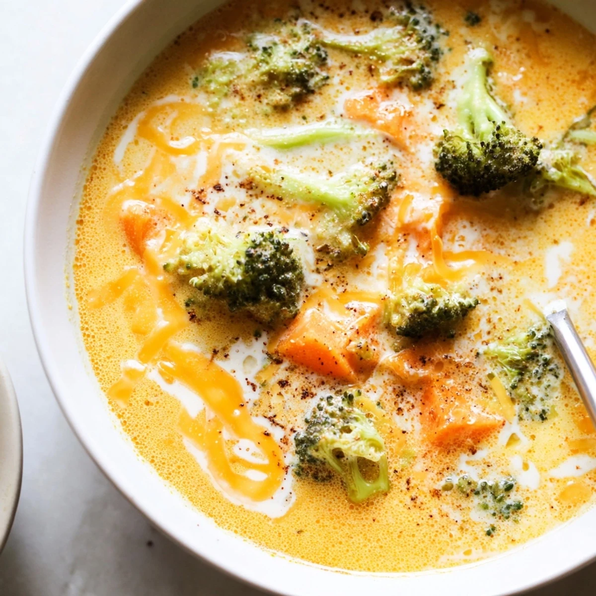 Creamy Instant Pot broccoli cheddar soup with melting shredded cheese and fresh green florets in a white bowl