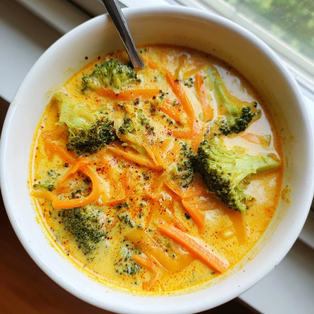 Golden cheddar cheese melting into rich Instant Pot broccoli cheddar soup topped with grated carrots and parsley garnish