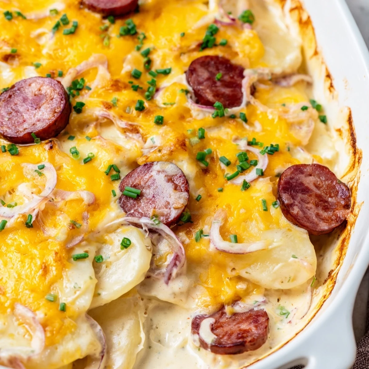 Hearty layers of smoky kielbasa and tender pierogi bubbling in this easy Crock Pot Pierogi Casserole with Kielbasa