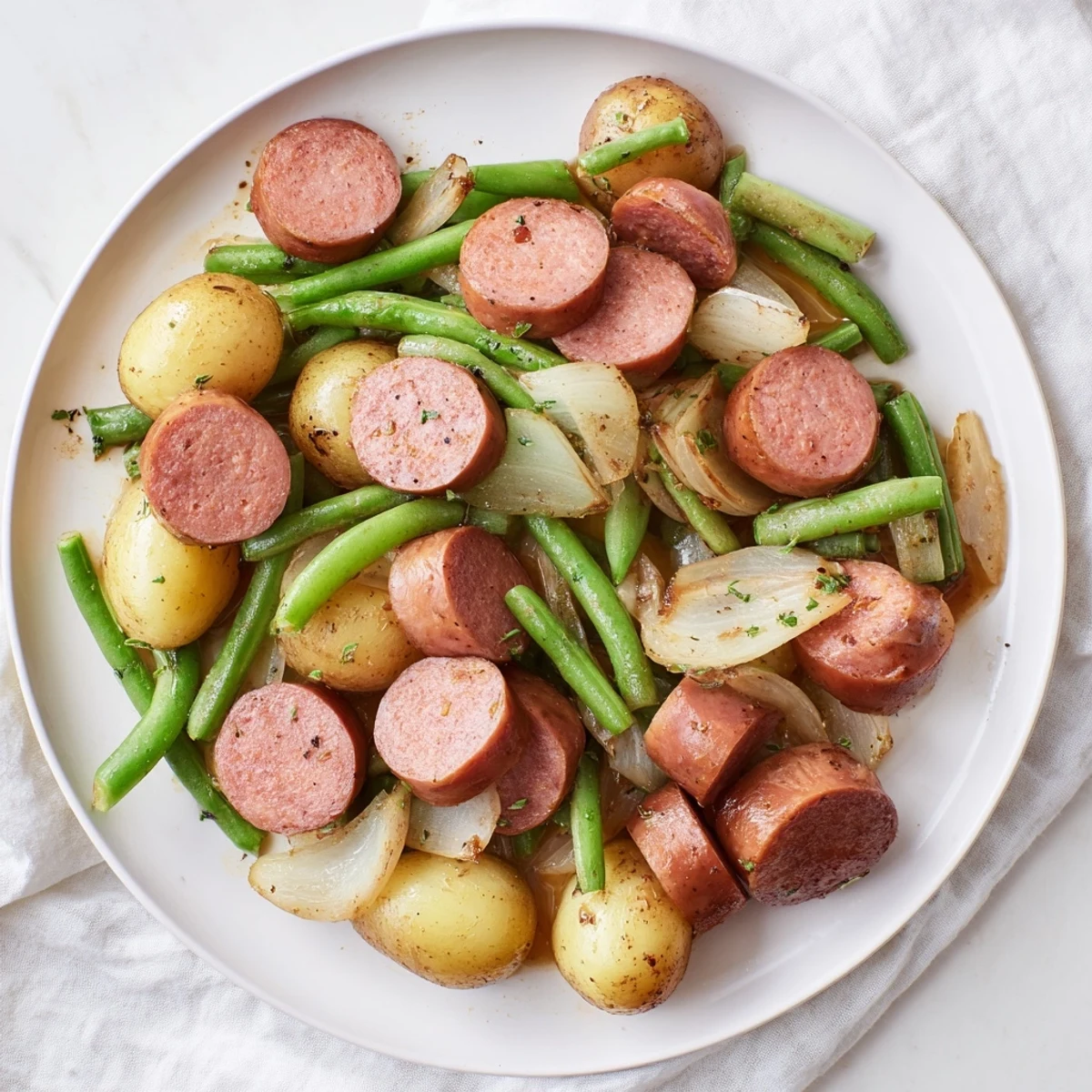 Slow cooker Crockpot Kielbasa and Green Beans with tender potatoes in savory broth